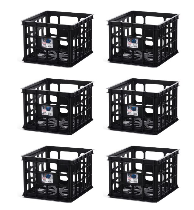 6 Pack Heavy Duty Plastic Black Storage Box Milk Crate