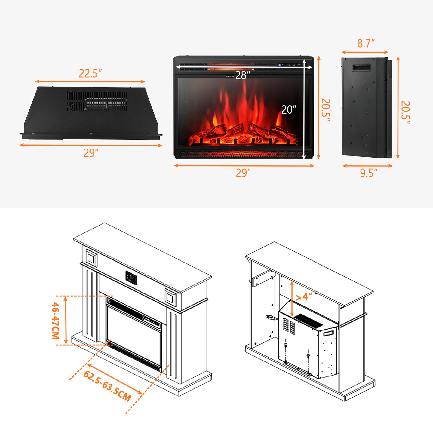 Black Electric Fireplace Heater 28 Inch Infrared 5000 BTU Realistic Flame Timer