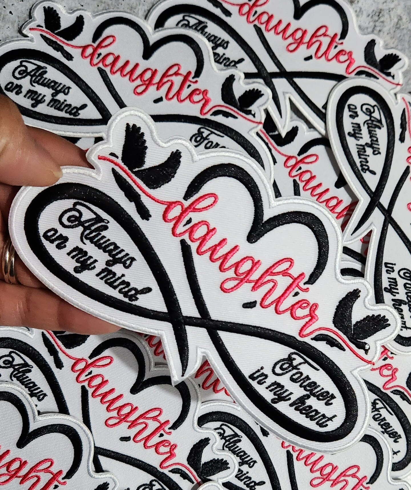 Memorial Infinity Collection: Patch Party Club, "DAUGHTER" Eternal Remembrance 1-pc, Iron-On Embroidered Patch, Sz 6", Tribute Honor