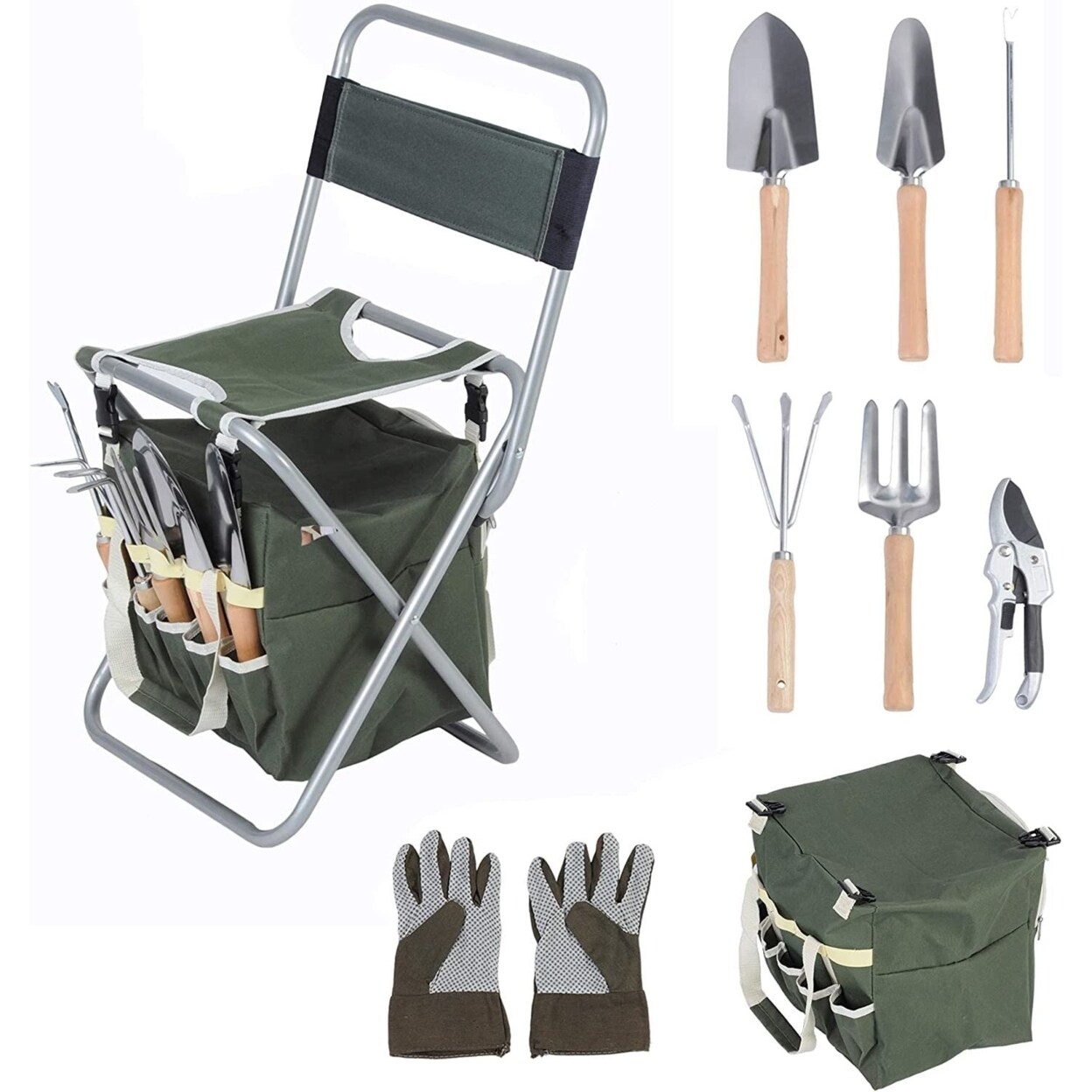 SKUSHOPS 9 PCS Garden Tools Set Ergonomic Wooden Handle Sturdy Stool with Detachable Tool Kit Perfect for Different Kinds of