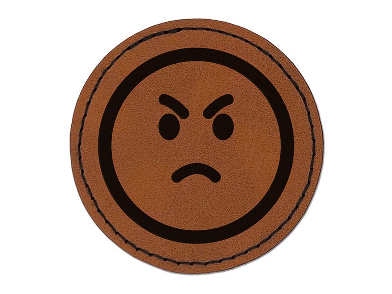 Angry Mad Face Emoticon Round Iron-On Engraved Faux Leather Patch Applique - 2.5&#x22;