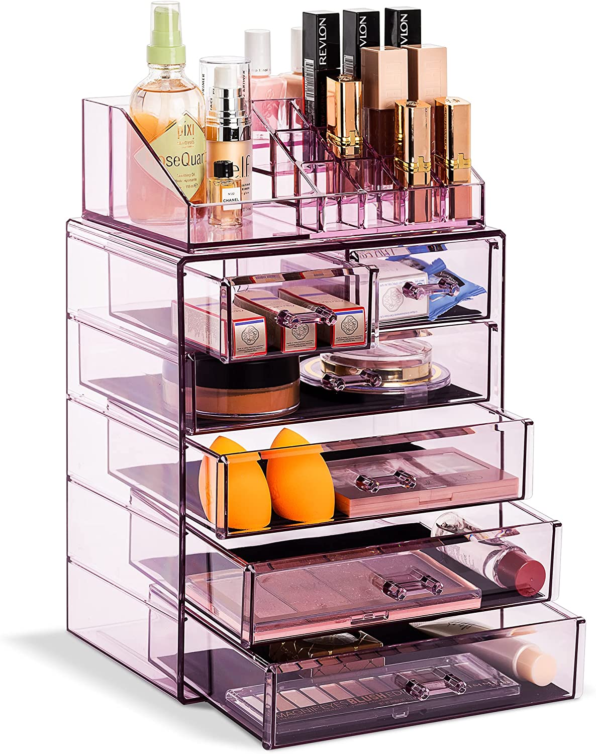 Sorbus 2 Piece Acrylic Makeup and Jewelry Storage Organizer Case (6 Drawers and Lipstick Tray)