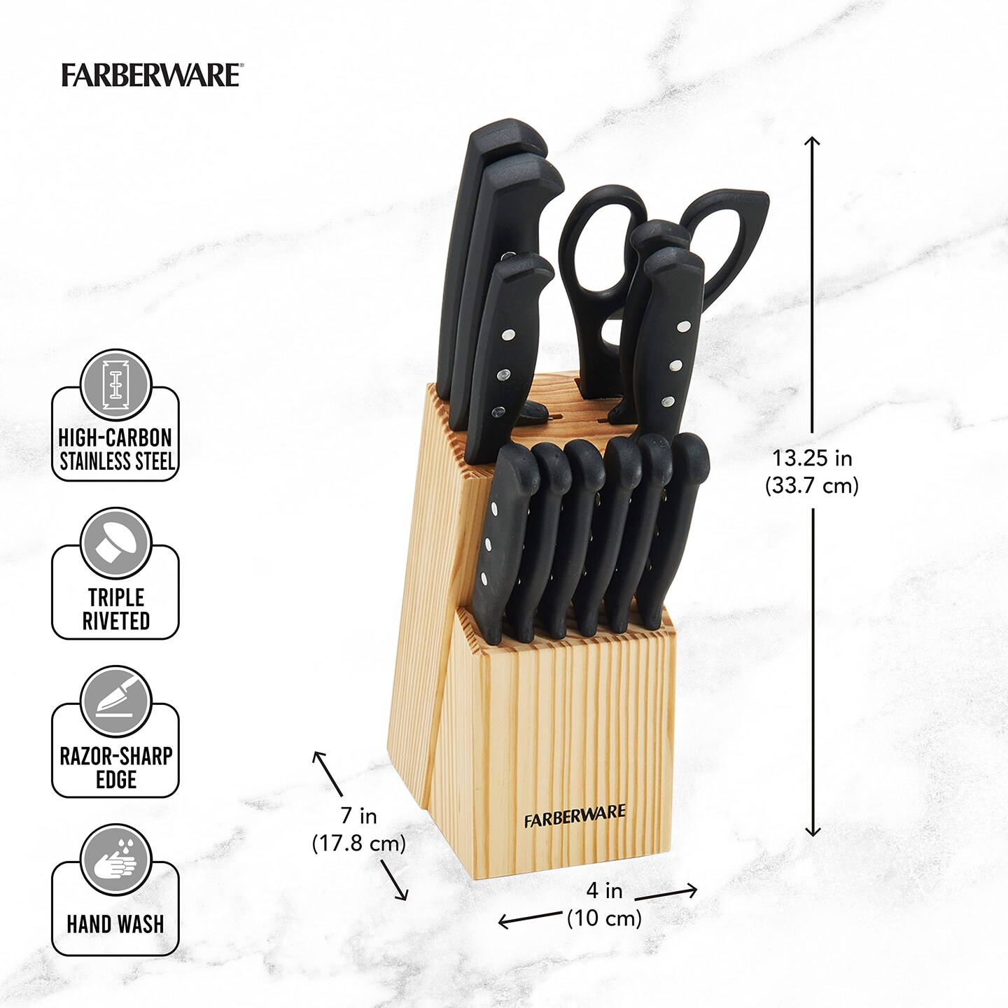 22 Pieces Never Needs Sharpening Triple Rivet High-Carbon Stainless Steel Knife Block and Kitchen Tool Set, Black