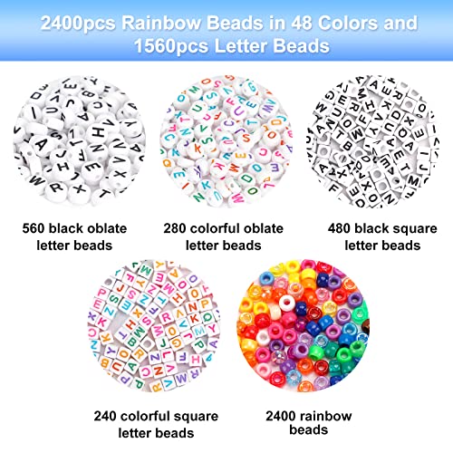 Quefe 3960pcs Pony Beads for Friendship Bracelet Making Kit 48 Colors Kandi Beads Set, 2400pcs Plastic Rainbow Bulk and 1560pcs Letter Beads with 20 Meter Elastic Threads for Craft Jewelry Necklace