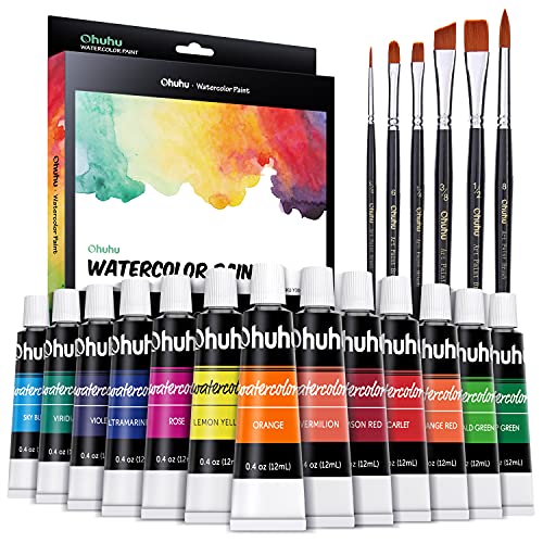 Ohuhu Acrylic Paint Set 16 Premium Quality Art Watercolors Painting Kit (12 ml, 0.42 oz.) with 6 Painting Brushes for Ar