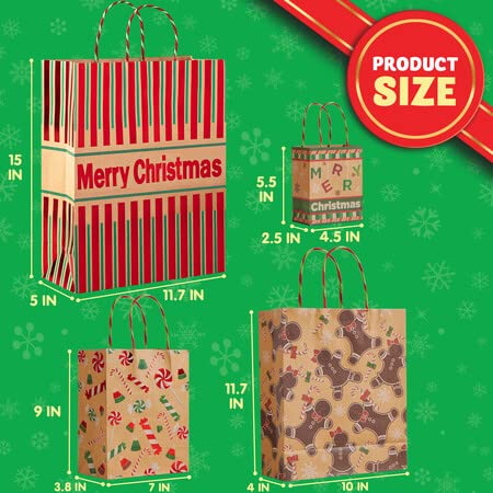 JOYIN 24 Christmas Kraft Gift Bags with Assorted Christmas Prints for Kraft Holiday Paper Gift Bags, Christmas Goody Bags, Xmas Gift Bags, Classrooms