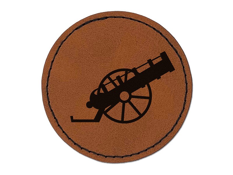 Medieval War Cannon Round Iron-On Engraved Faux Leather Patch Applique - 2.5"