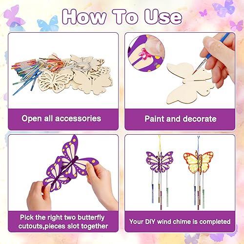 8 Pack 3D Butterfly Wind Chime Kit for Kids Make Your Own Butterfly Wind Chime Wooden Arts and Crafts for Kids Ornaments DIY to Paint Butterfly Craft for Spring Art Activity Birthday Party