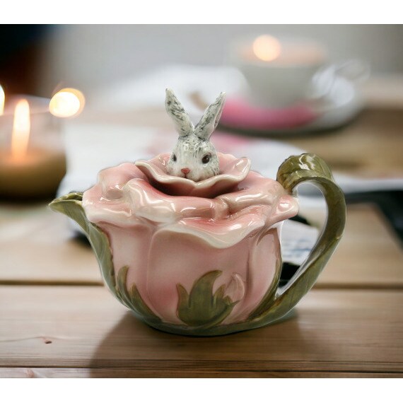 Ceramic Bunny Rabbit on a Rose Teapot, Home Decoration Gift Idea Pottery Tea Pot