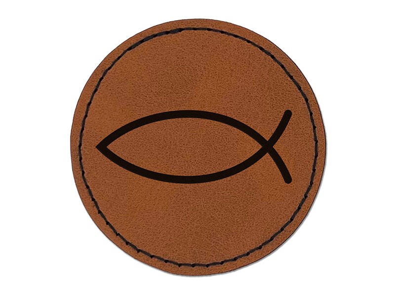 Ichthys Fish Christian Round Iron-On Engraved Faux Leather Patch ...