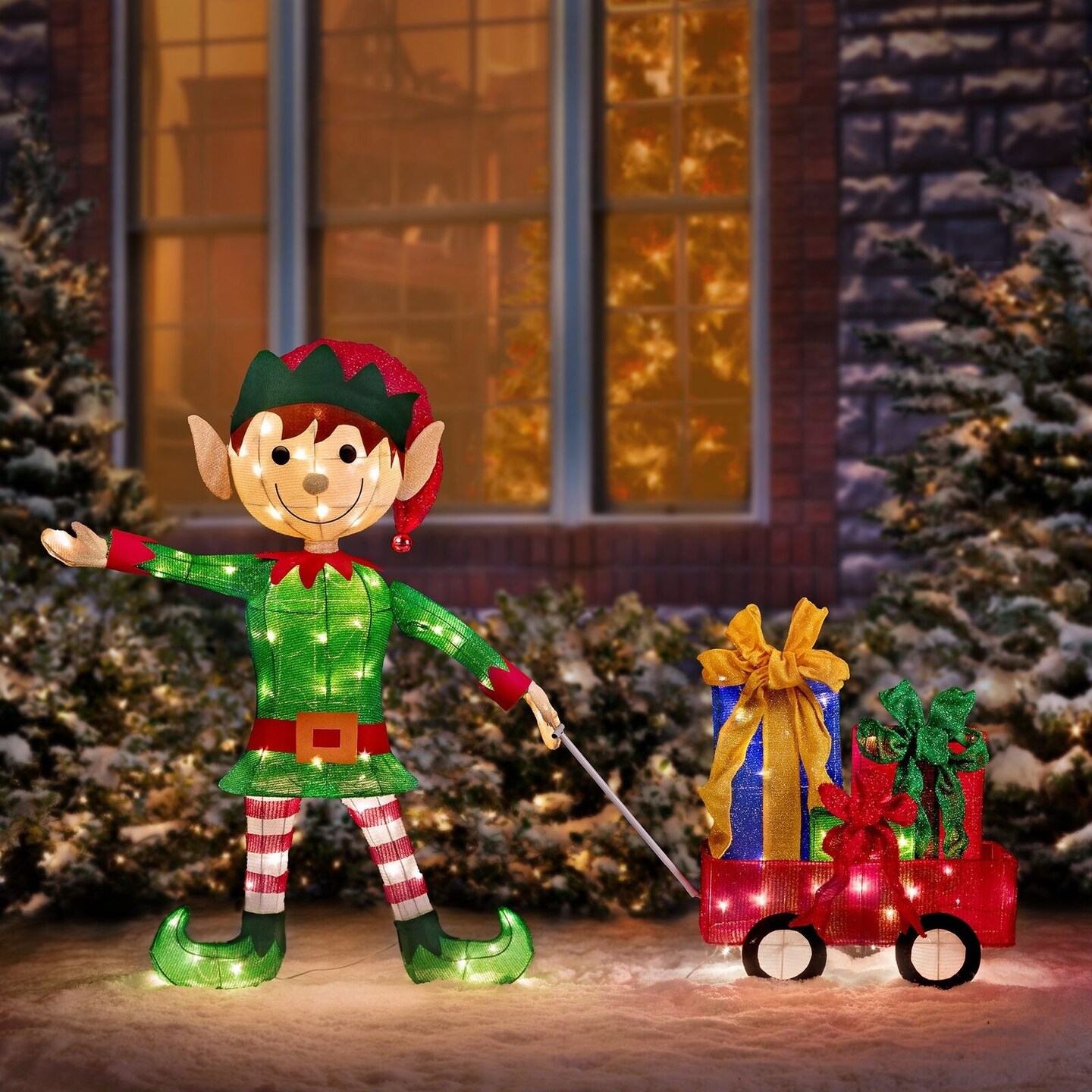 Lighted Elf with Wagon Christmas Yard Decor