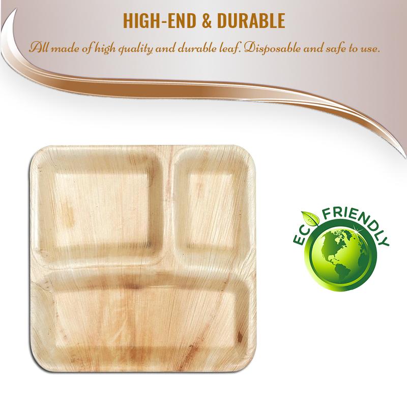 Square Palm Leaf 3-Partition Eco Friendly Disposable Dinner Plates - 10&#x22; (100 Plates)