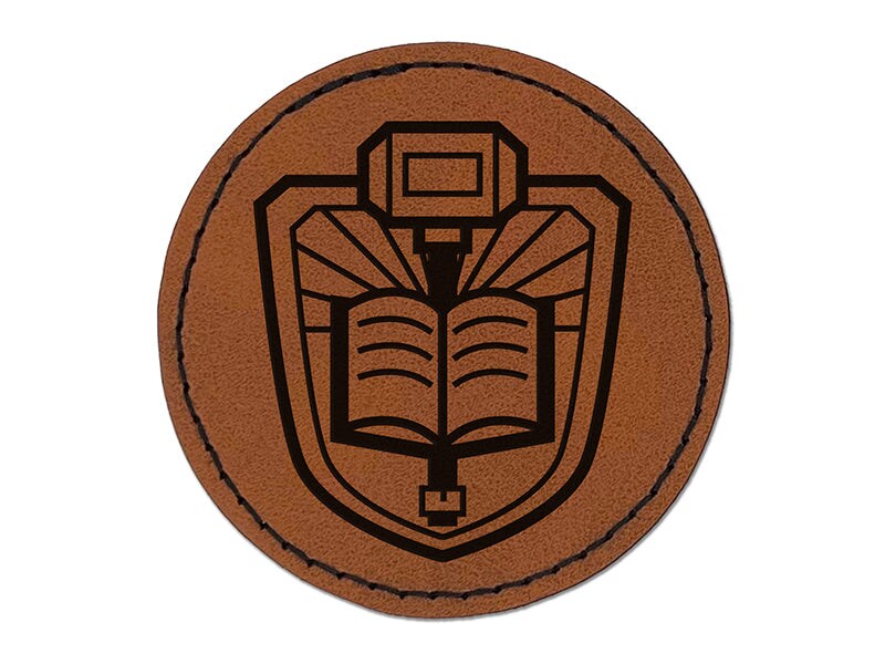 Paladin War Hammer and Libram Tome Round Iron-On Engraved Faux Leather Patch Applique - 2.5&#x22;
