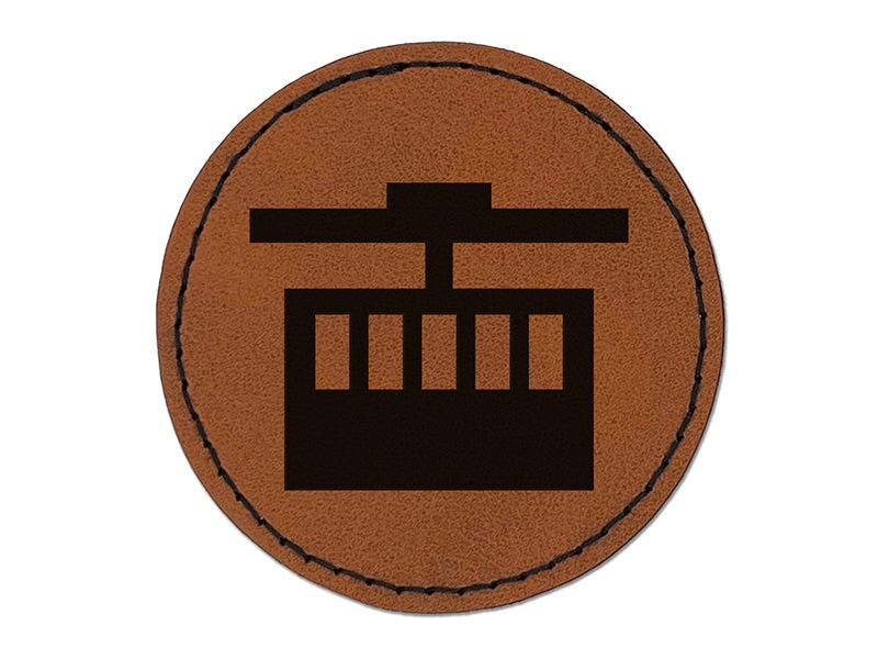 Ski Tram Lift Round Iron-On Engraved Faux Leather Patch Applique - 2.5&#x22;