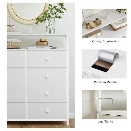 Bedroom Drawer Dresser with Shelves Large Capacity Organizer Tower for Closet with Faux Leather Chest of Drawers Tall Dressers for Living Room Hallway with Wood Top and Sturdy Steel Frame