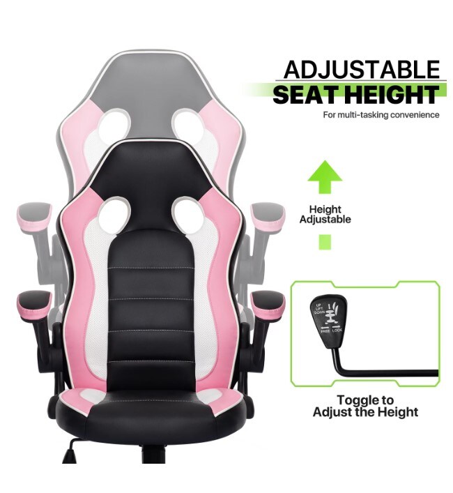Black/pink PU leather computer gaming office chair with flip-up arms that works as a working desk seat