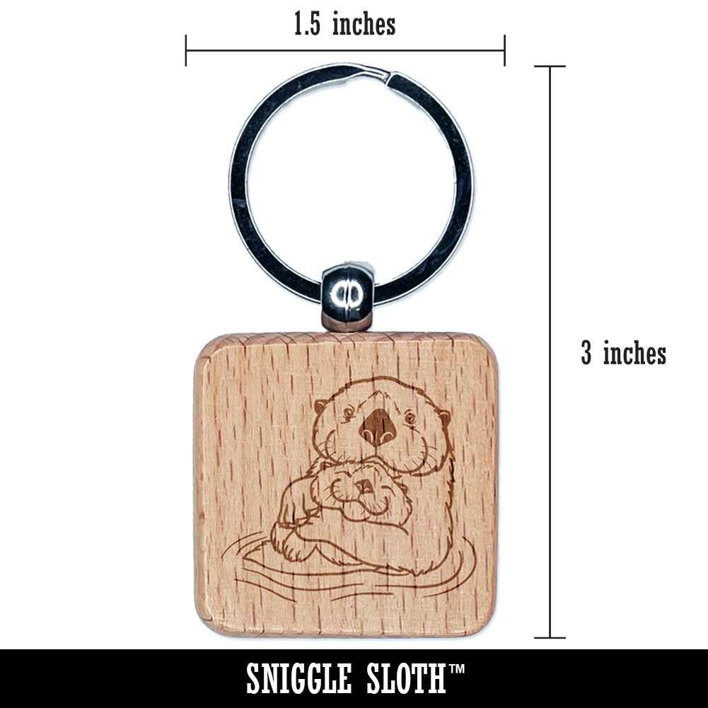 Mom Sea Otter and Baby Mother&#x27;s Day Engraved Wood Square Keychain Tag Charm