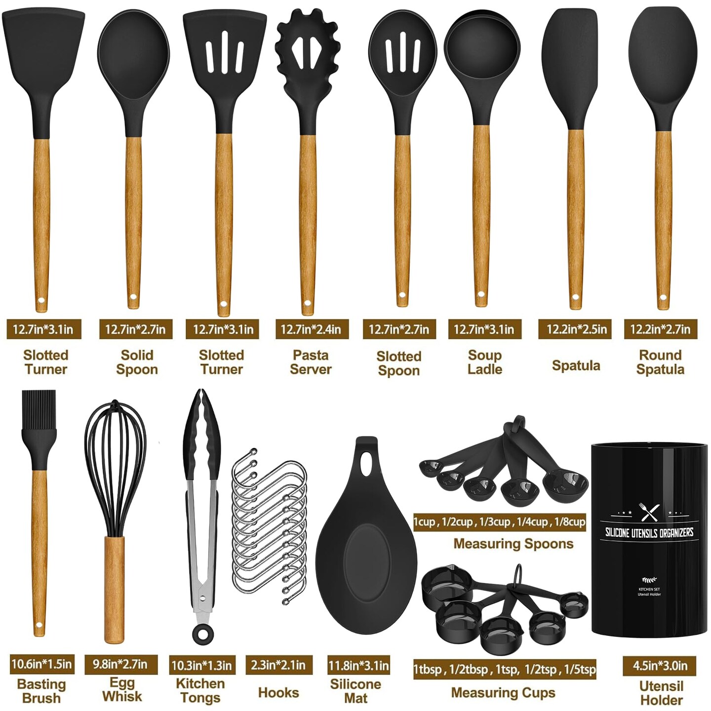 33 Pieces Chef Kitchen Cooking Utensils Set, Non-Stick Utensils Spatula Set with Holder, Black Wooden Handle Silicone Kitchen Gadgets