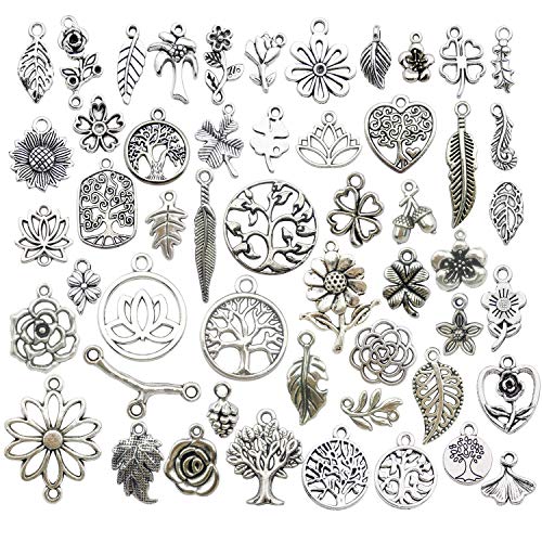 Youdiyla 100pcs Mix Silver Tree Flower Charms Collection, Bulk