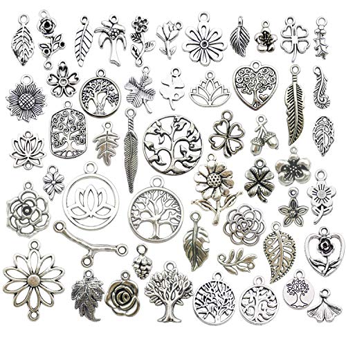100 Pieces Mix Silver Tree Flower Charms Collection, Bulk Mini Small Little Charms Metal Pendant Craft Supplies Findings for Necklace and Bracelet Jewelry Making (HM291)