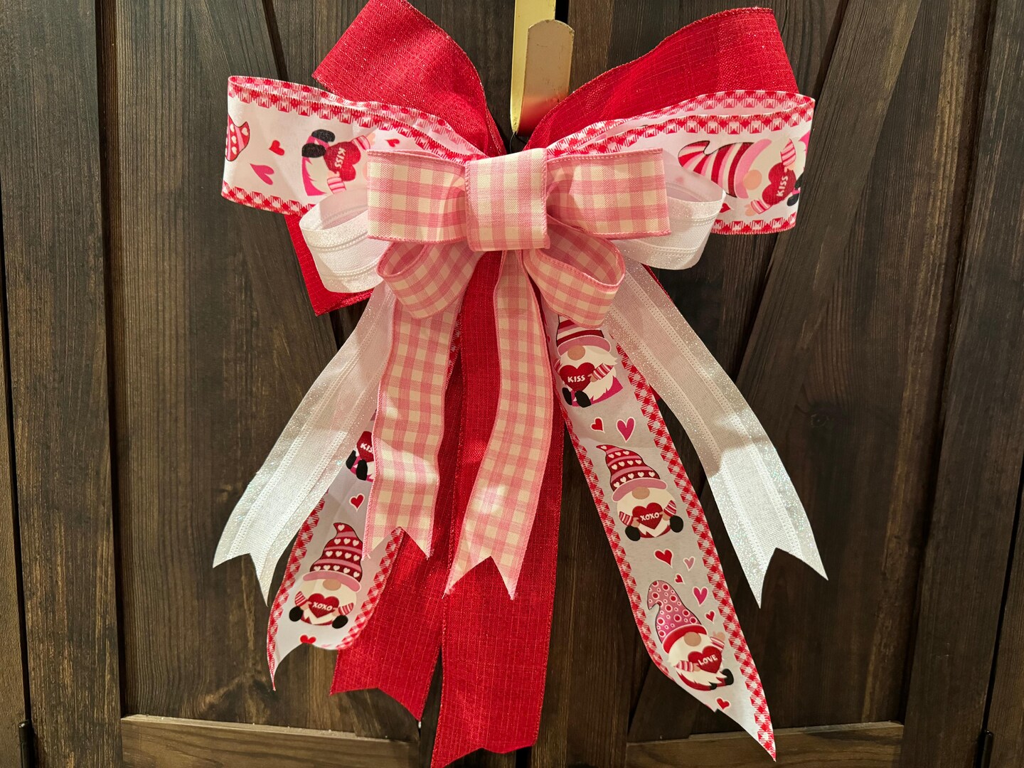 Valentine's Day Bow, Gnome Ribbon, Red, Pink Buffalo Plaid