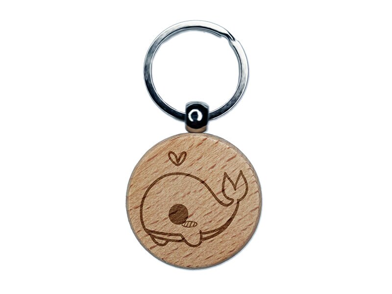 Sweet Kawaii Chibi Whale Engraved Wood Round Keychain Tag Charm