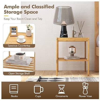 Set of 2 Bamboo Nightstands, Square Bedside Table with Storage Shelf, Natural Wood End Side Table for Bedroom Home Office, Simple Assembly (2)