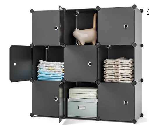 9-Cube Storage with Doors, Closet Organisers and Storage Shelves, Portable Closet Storage System Black Clothes Organiser Storage Shelf for Bedroom, Wardrobe