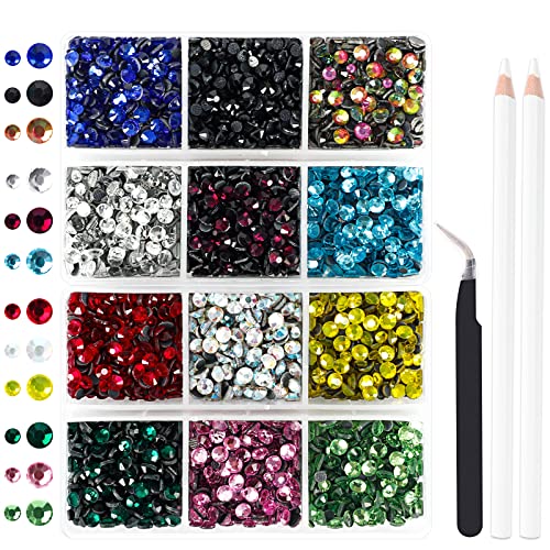 OUTUXED 5400pcs Multicolor Rhinestones 12 Mixed Color Hotfix Rhinestones Flatback Gemstones and Crystals for Halloween Costume Accessories, Crafts with Tweezers and 2 Picking Pens