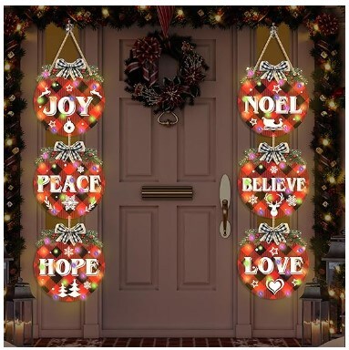 Christmas Hanging Sign Decorations with String Lights Red Black Plaid Front Door Sign Plastic Peace Love Joy Welcome Wreath Sign for Xmas Holiday Party Porch Windows Walls Decor Supplies 6 Pcs