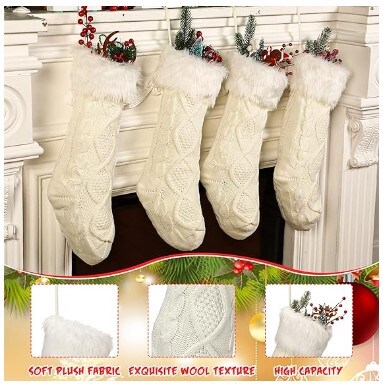 15 Inch Farmhouse Knit Christmas Stockings 4 Pieces Cable Knitted Christmas Stocking Bulk Knit Stockings in Black and White with Plush Faux Fur for the Family Holiday Fireplace