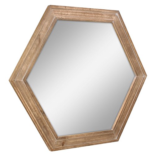 Decorative 24" Hexagon Hanging Wall Mirror with Natural Wood Frame and Attached Hanging Bracket, Rustic Farmhouse Decor for the Living Room, Bathroom, Bedroom, and Entryway Brown