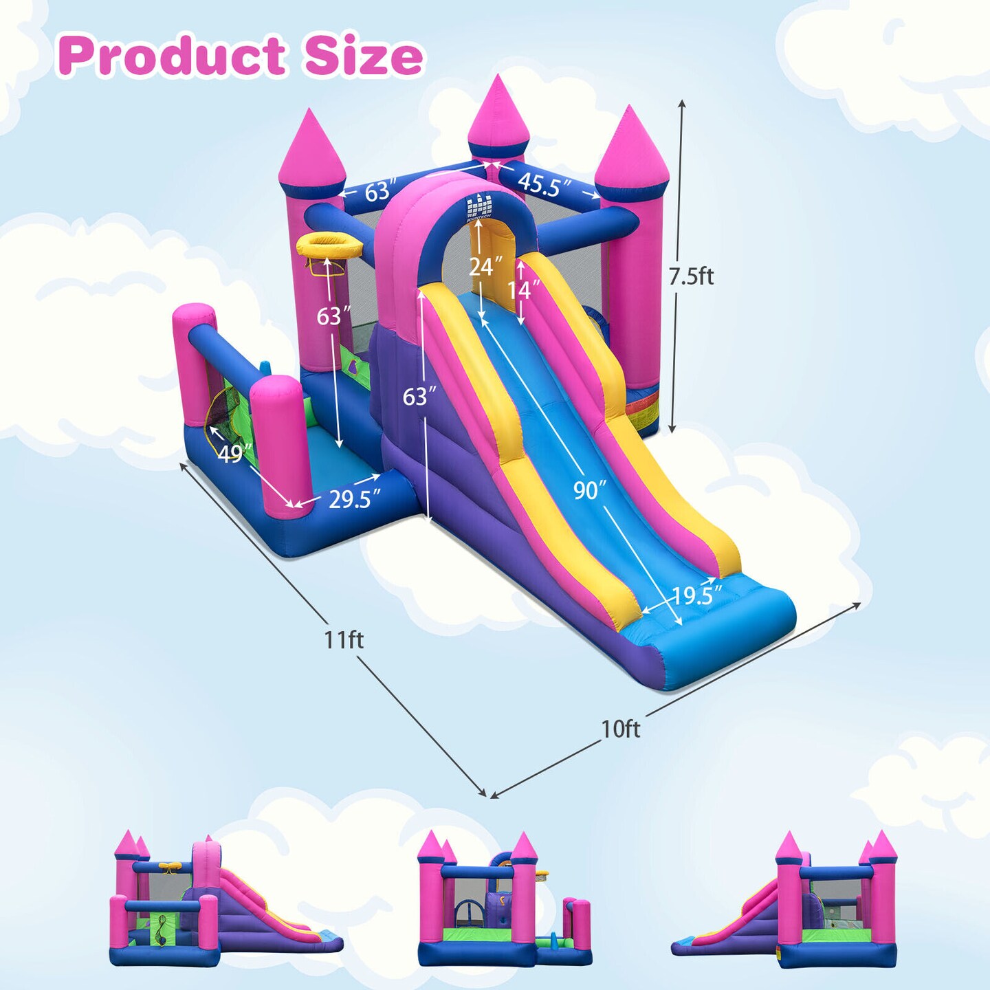 7-in-1 Inflatable Bounce Castle With Slide Ball Pit 2 Kids Multi-Color