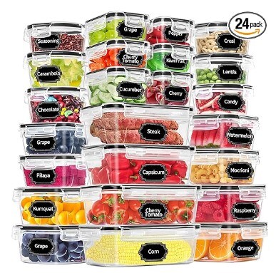 48 Pack Food Storage Containers with Airtight Lids (24 Containers &#x26; 24 Lids), Pantry Organisers and Storage Containers, BPA-Free Meal Prep Container with Labels &#x26; Marker