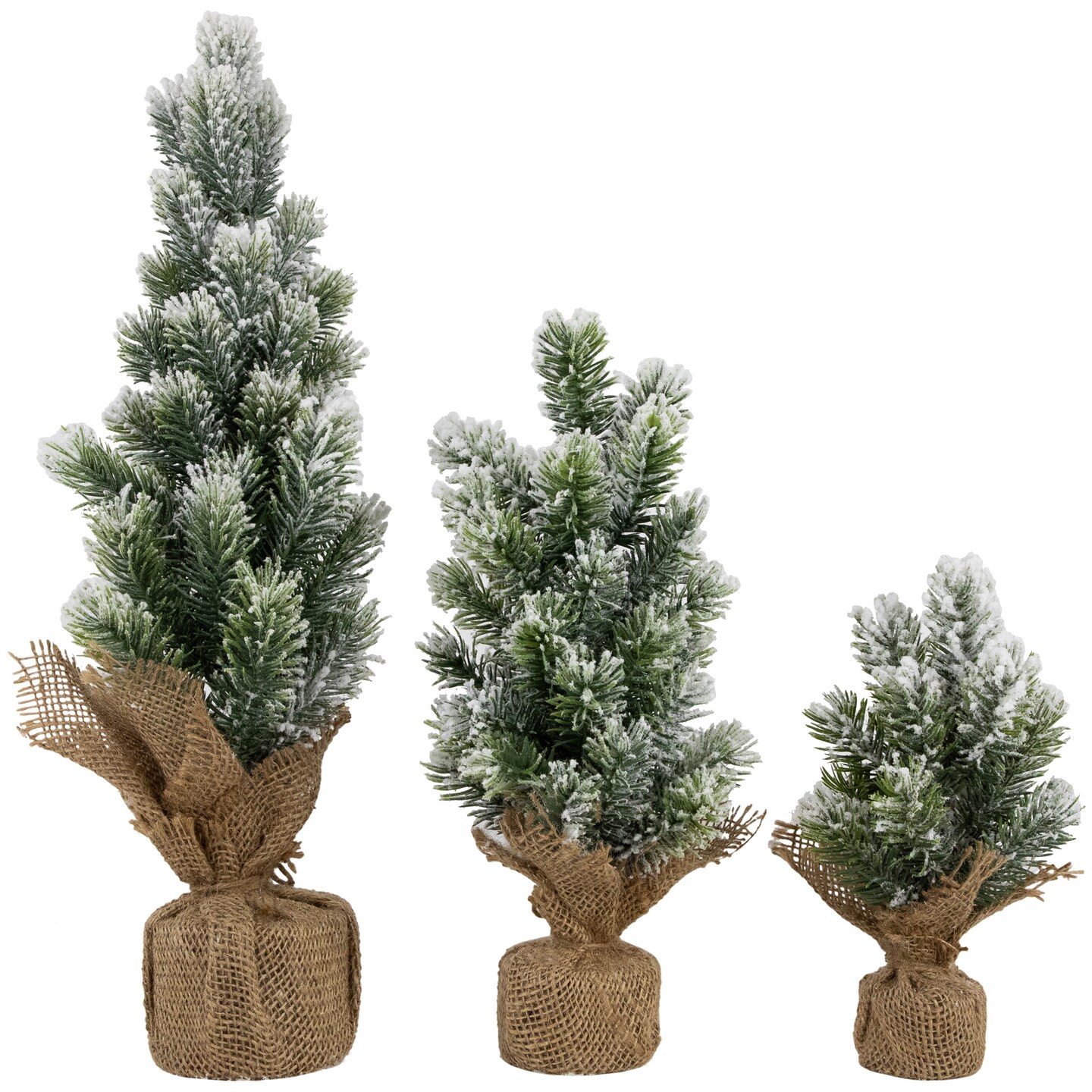 Northlight Mini Flocked Pine Artificial Christmas Trees with Burlap Base - 18&#x22; - Set of 3