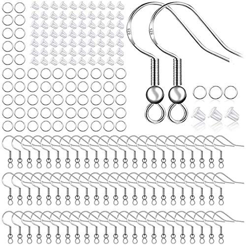 925 Sterling Silver Earring Hooks 150 PCS/75 Pairs,Ear Wires Fish Hooks,500pcs Hypoallergenic Earring Making kit with Jump Rings and Clear Silicone Backs Stoppers (Silver)