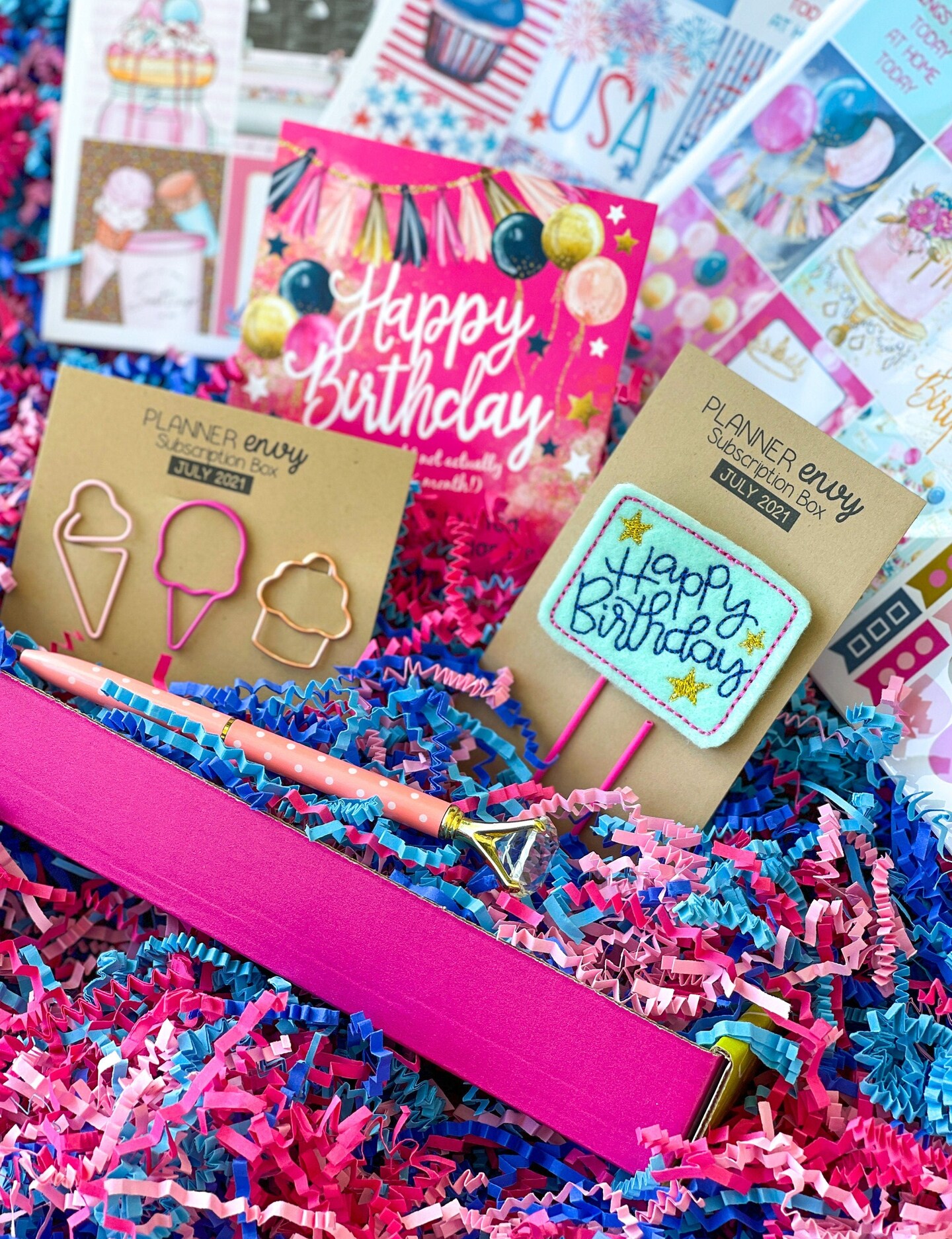 Summer Ice Cream, Birthday & 4th Of July Themed Box of Planner Stickers & Accessories (#SUB2021007)