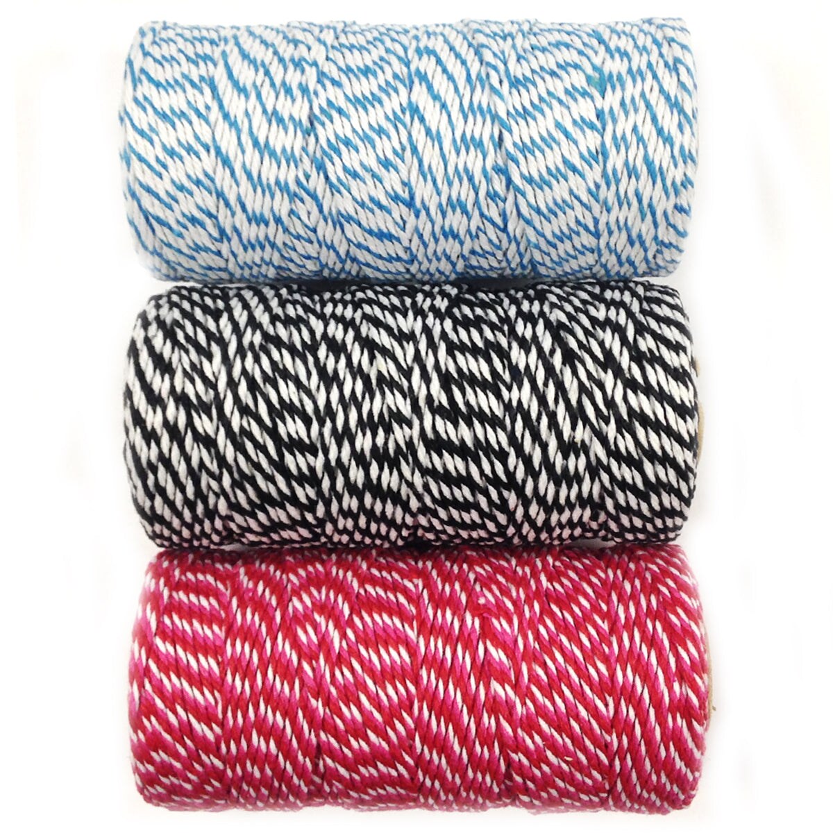 Wrapables Cotton Baker&#x27;s Twine 12ply 330 Yards (Set of 3 Spools x 110 Yards) for Gift Wrapping, Party Decor, and Arts and Crafts (Blue, Black, Red &#x26; Hot Pink)