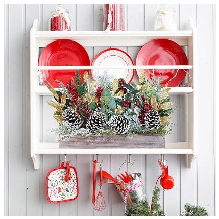 DIY Winter Arrangement Artificial Snowy Christmas Floral Picks Bulk Christmas Centrepiece Rustic Farmhouse Holiday Table D&#xE9;cor Assorted Red Berry Cedar Pine Cone Picks in Rectangle Wooden Box