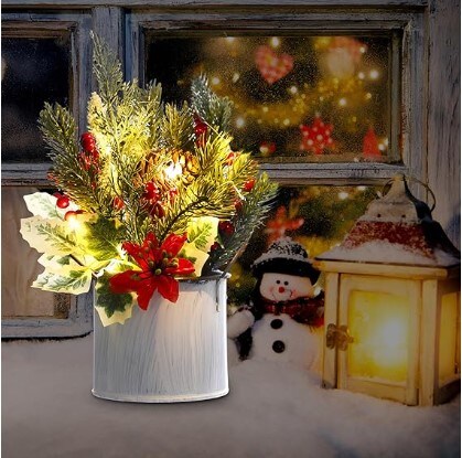 Artificial Christmas Table Decorations (Set of 6) Mini Christmas Centerpiece 10" LED-Lighted Potted Tree Red Berries with Pine Cones Artificial Plants for Christmas Tabletop with Sturdy Stand