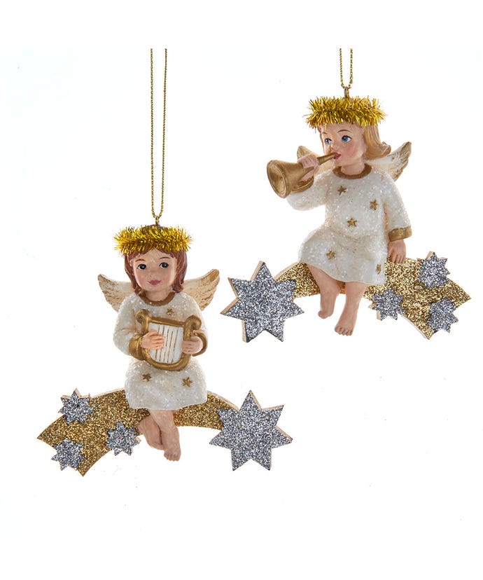 German Angel On Shooting Star Ornaments, 2 Assorted