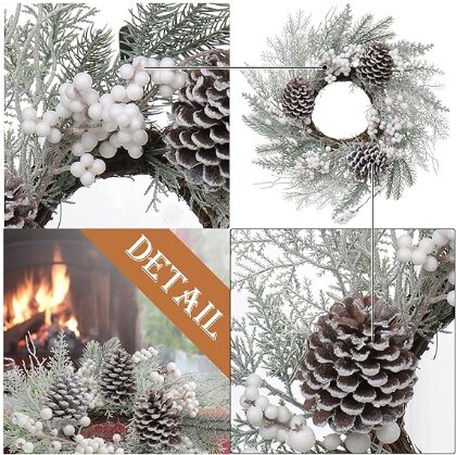 16-18&#x22; Frosted Door Wreath Winter Wreath with Glitter Berries on Big Pine Cones Christmas Wreaths for Indoor and Outdoor Table Fireplaces Walls on the Porch Home Decoration Window Wreaths