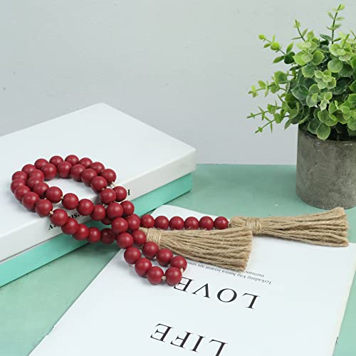 39 inches Wood Bead Garland Farmhouse with Tassels,Versatile Prayer Beads Boho Chic Wall Hanging Home Decor (Burgundy)