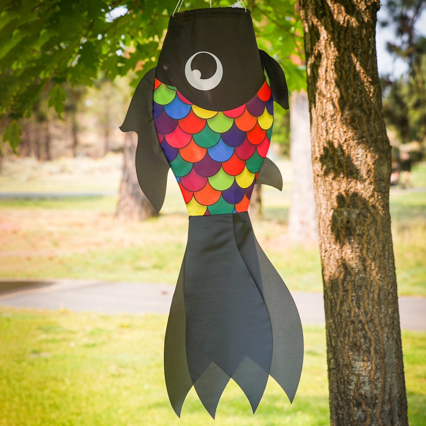 In the Breeze 5225 — 30-inch Black & Rainbow Damsel Fish — Colorful Fishsock Hanging Garden Decor with Detailed Printed Graphics