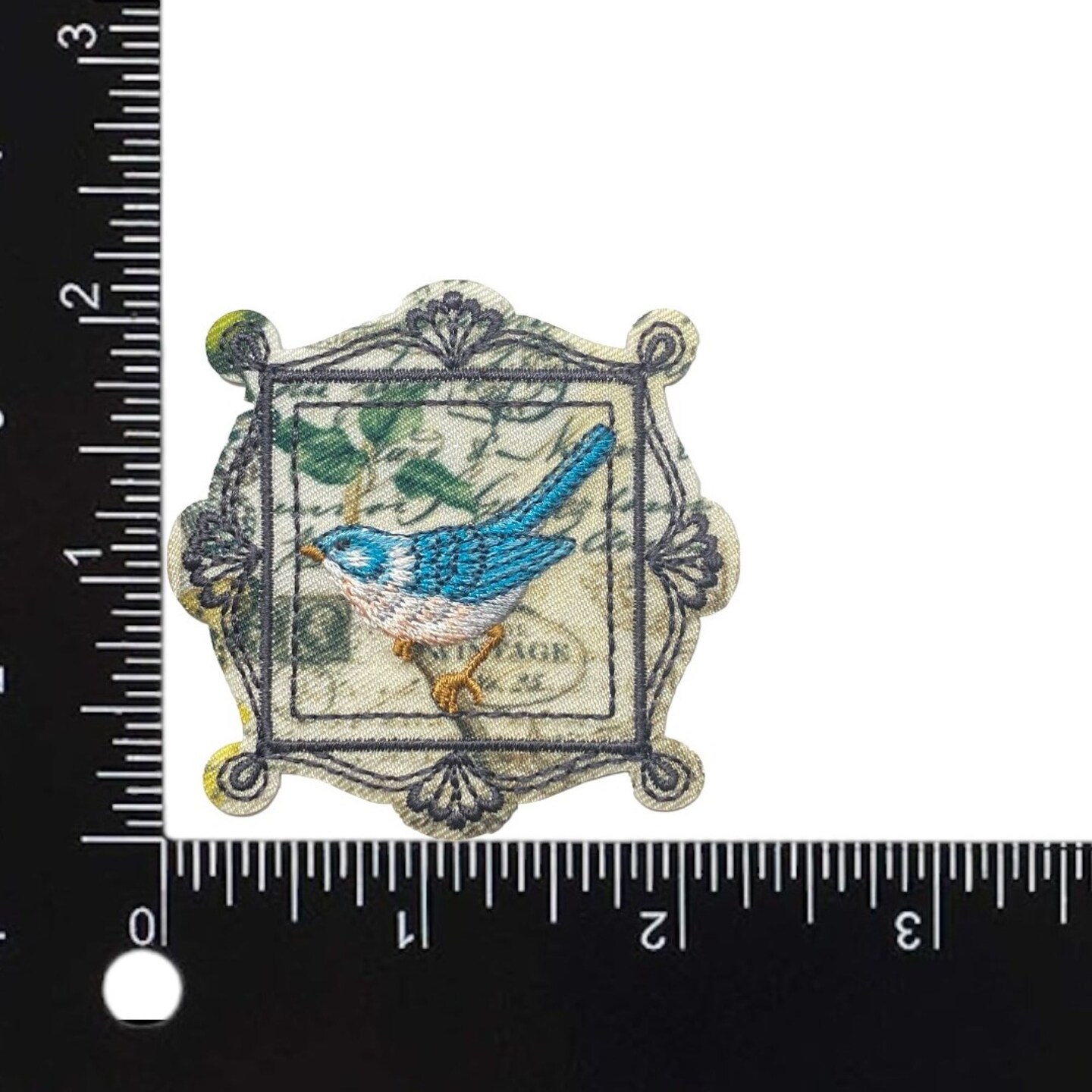 Bluebird in Postage Stamp Frame, Embroidered, Iron-on Patch