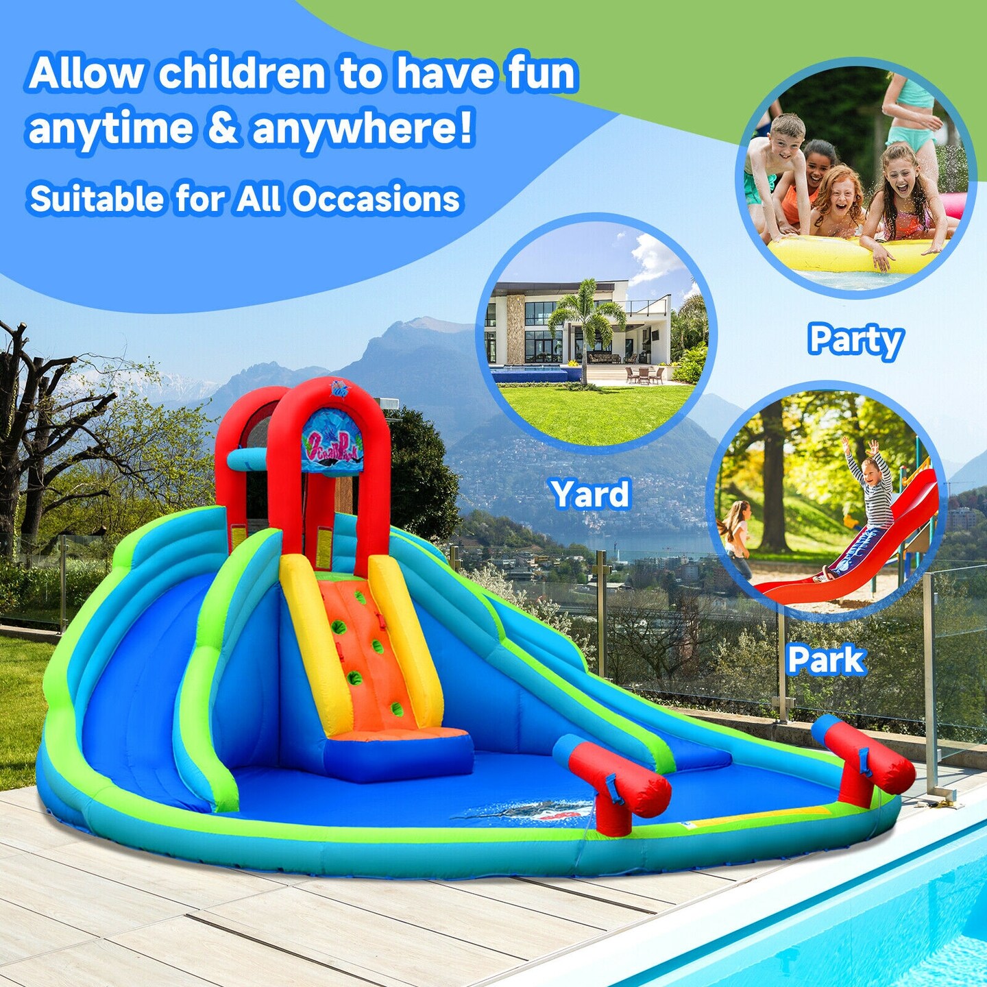 Kids Inflatable Water Bouncer with Dual Slides Climbing Wall and Splash Pool Blue Green