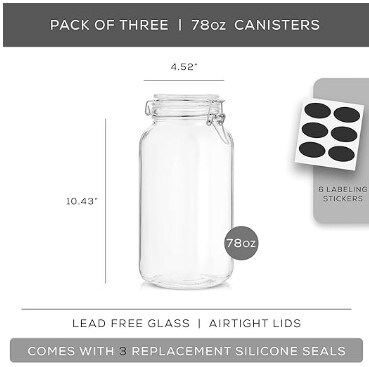 Glass Jars with Lids that are Airtight 78oz Glass Jar with Lid and 6 Silicone Seals in a Set of 3! Glass Food Storage Containers in Bulk. Containers for Candy, Flour, and Pasta in a Square Mason Jar