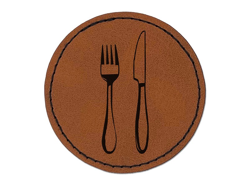 Fork Knife Utensils Eating Sketch Round Iron-On Engraved Faux Leather Patch Applique - 2.5&#x22;