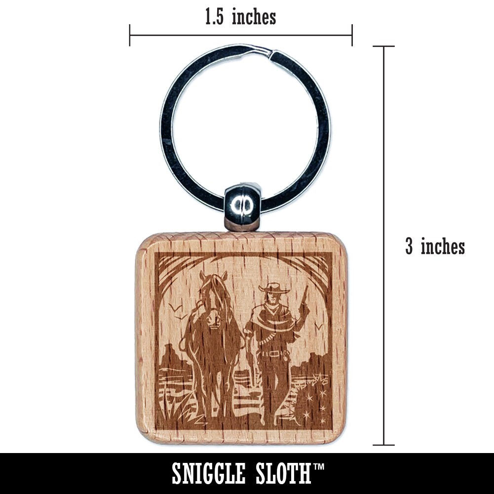 Cowboy with Guns and Horse Engraved Wood Square Keychain Tag Charm
