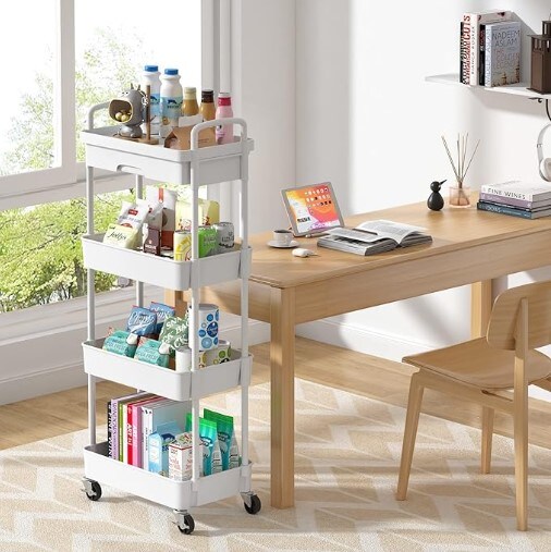 White 4-Tier Rolling Cart with Drawer, Kitchen Storage Organizer with Plastic Shelf and Metal Wheels, Suitable for Living Room, Kitchen, Office, and Bathroom.